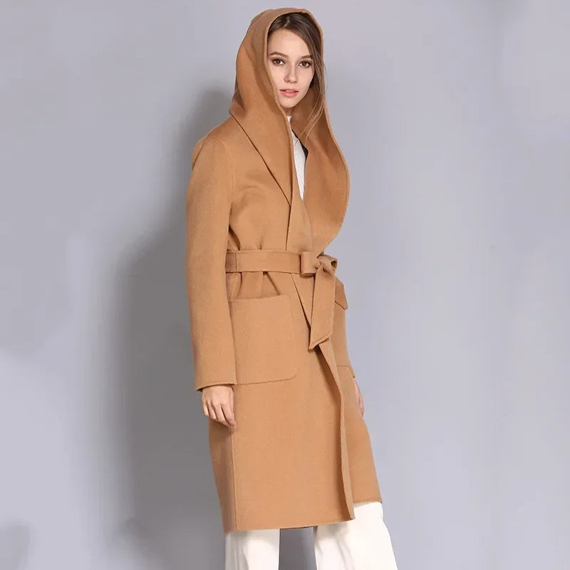 Women's Double-Sided Cashmere Wool Coat - Long Hooded Buttonless Mid-Length Coat with Lace-Up Design
