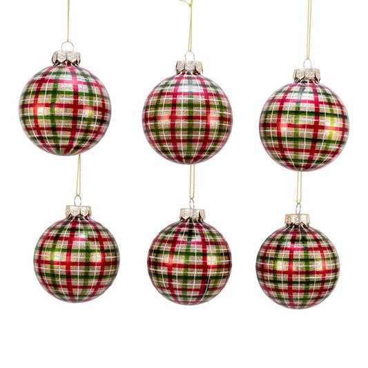 Red and Green Plaid Glass Ball Ornaments, 6 Piece Box