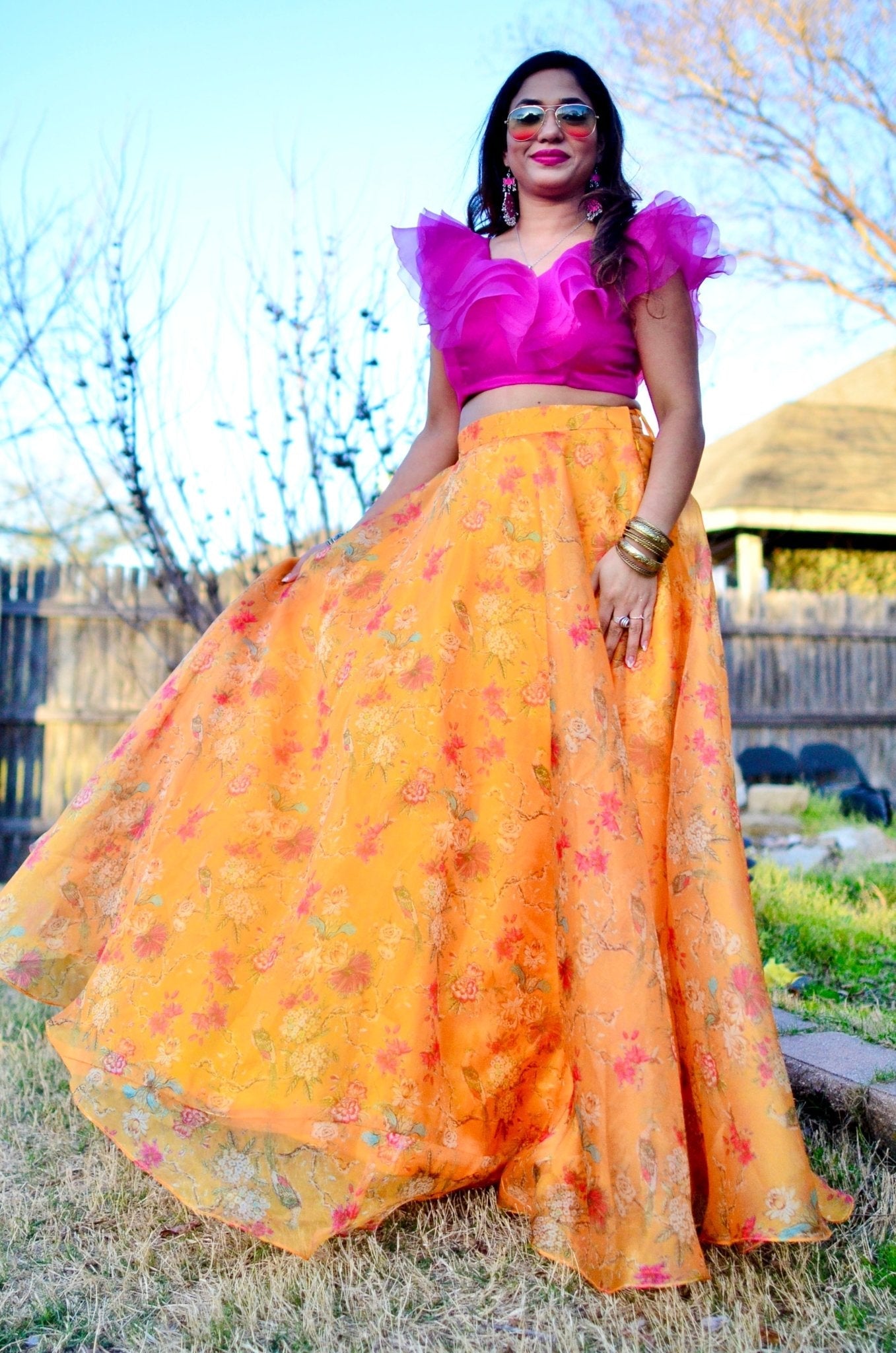 Fuchsia pink organza ruffles top