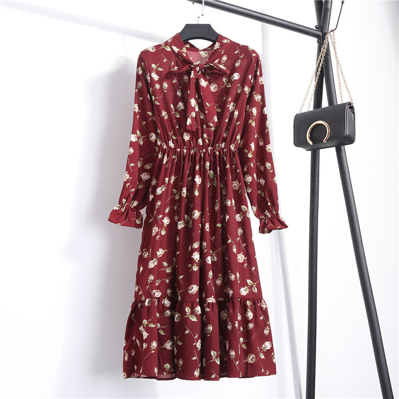 Long Sleeve Floral Print Chiffon Dress - Medium Lace Up Slim Fit Women's Dress