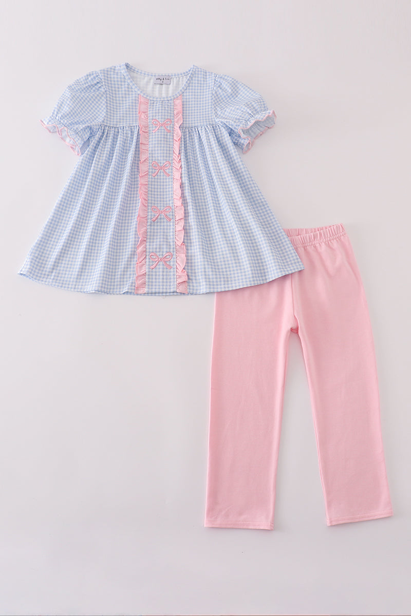 Blue bow embroidery ruffle pants set