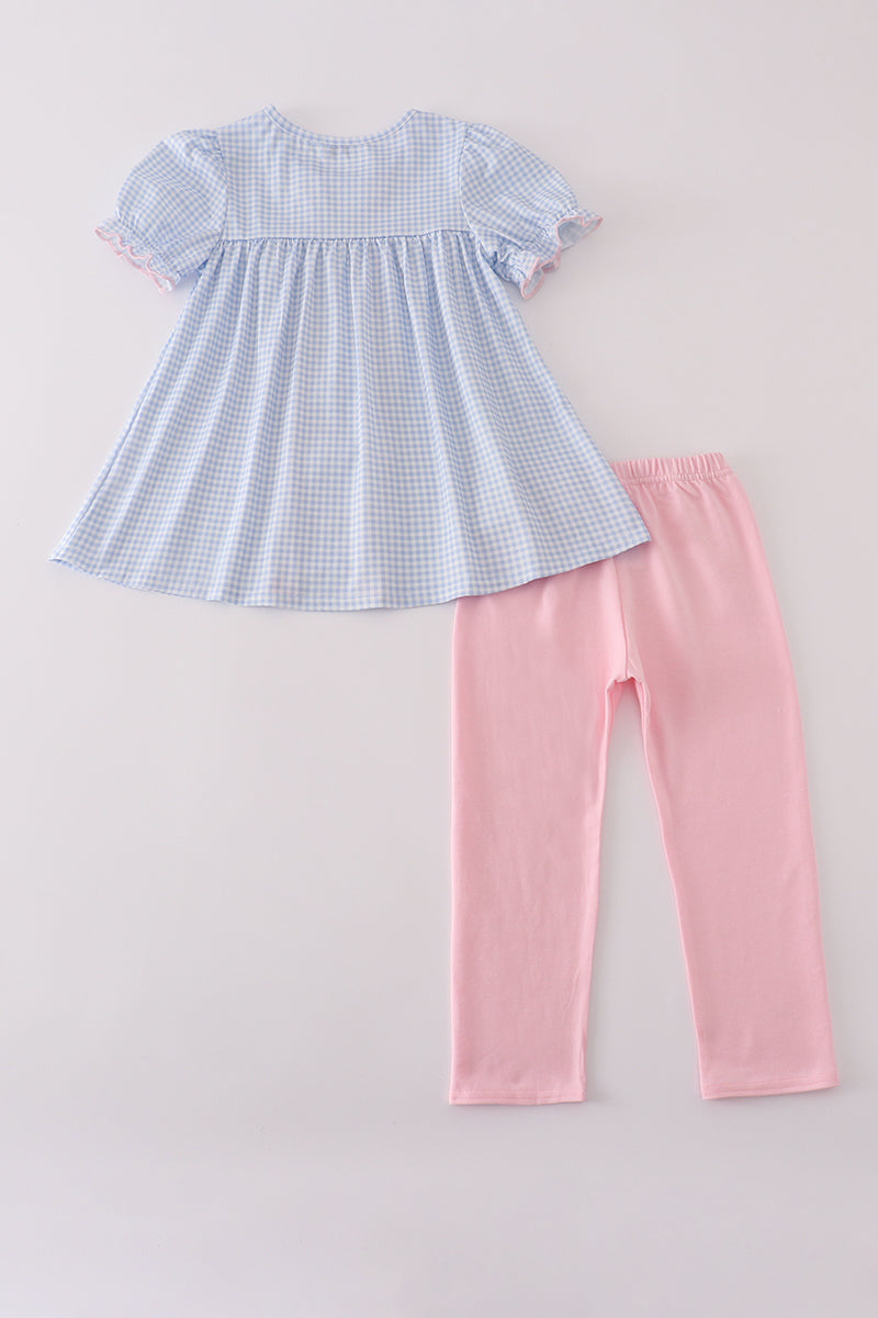 Blue bow embroidery ruffle pants set