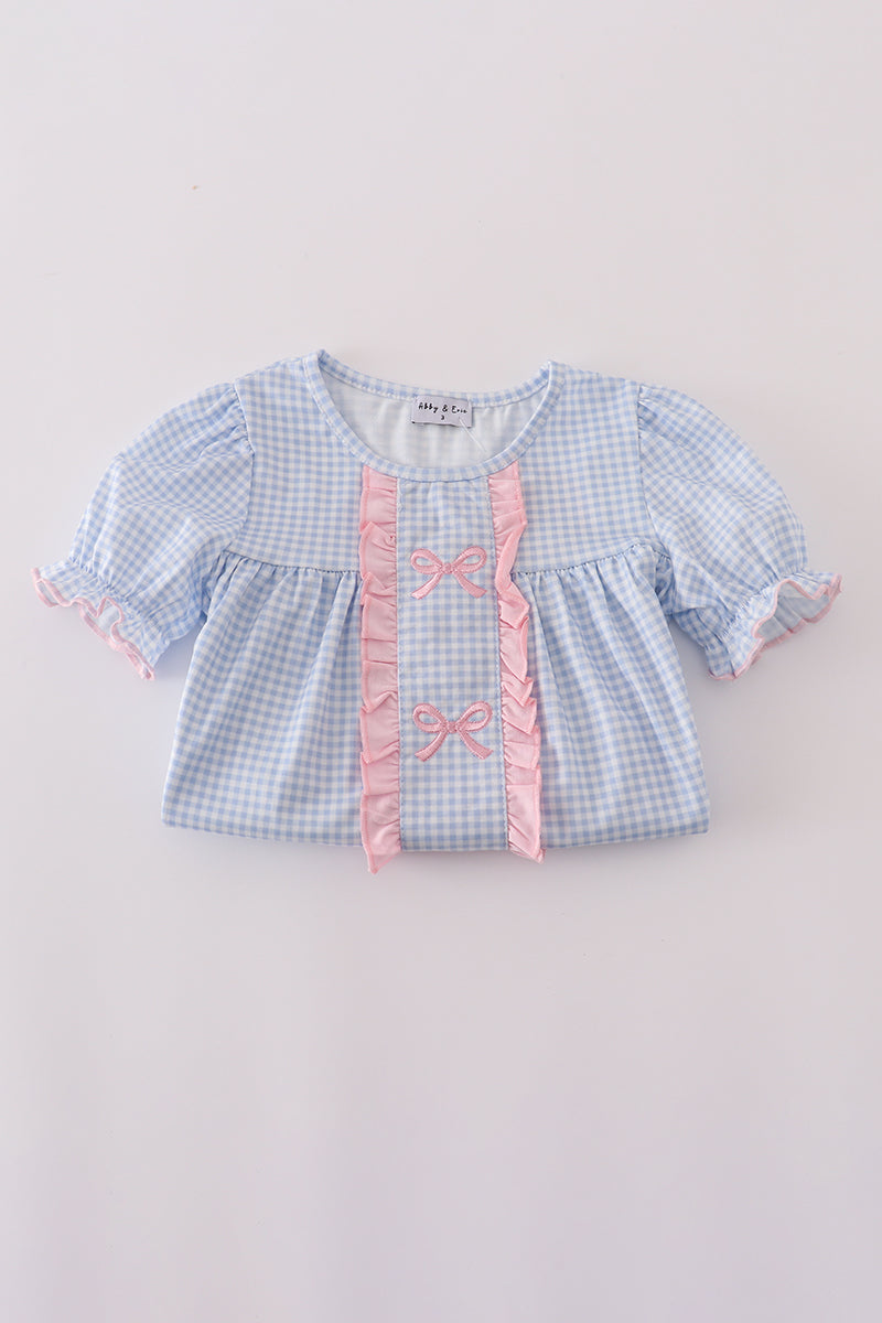Blue bow embroidery ruffle pants set