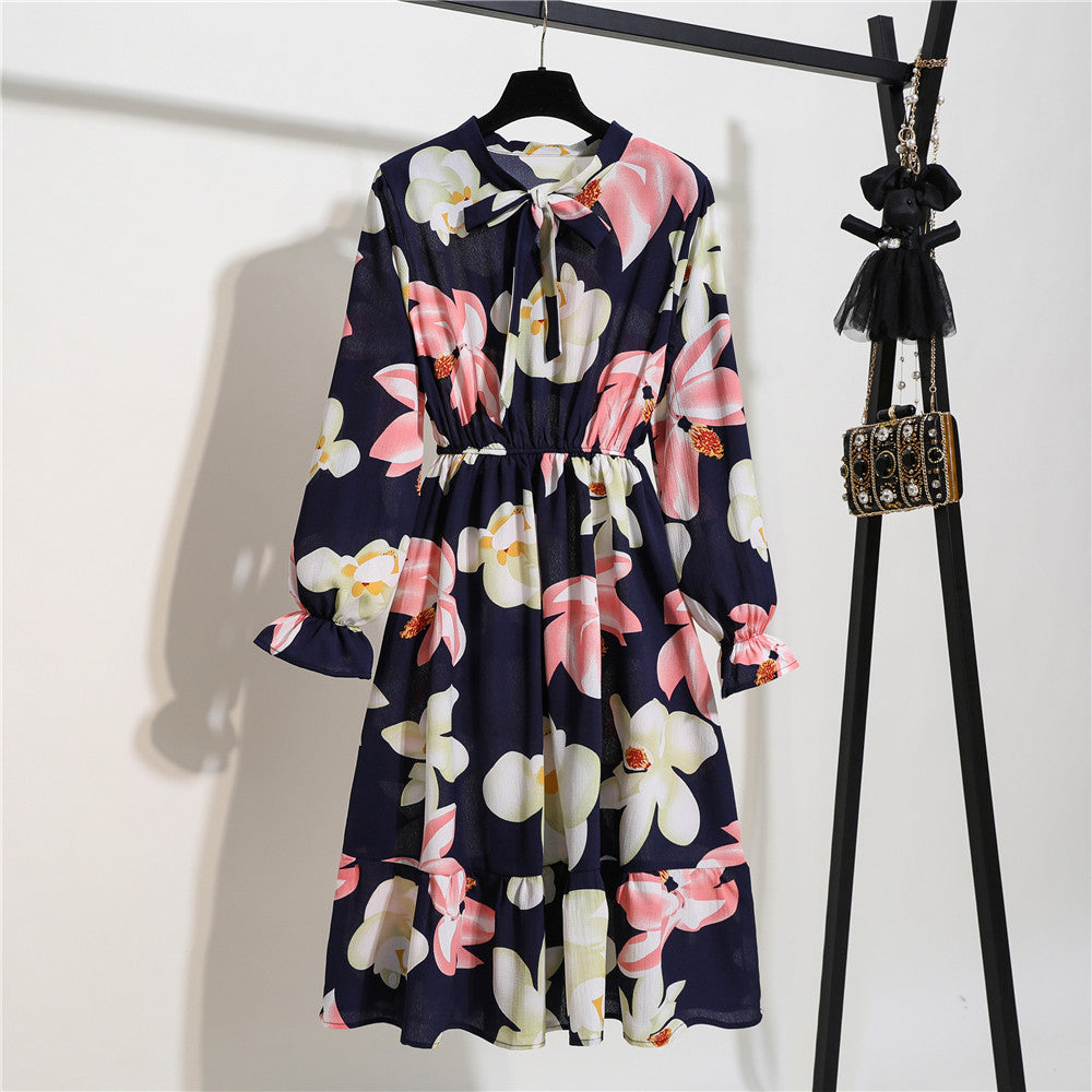 Long Sleeve Floral Print Chiffon Dress - Medium Lace Up Slim Fit Women's Dress