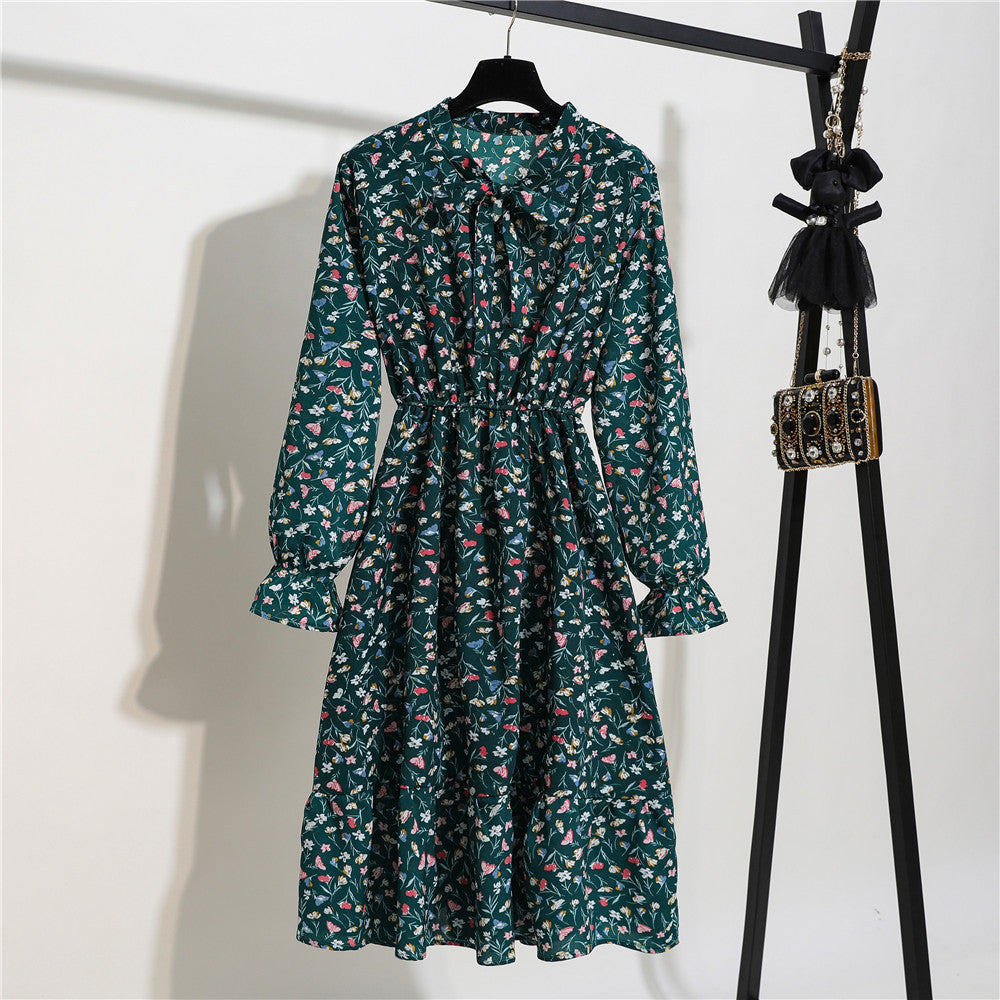 Long Sleeve Floral Print Chiffon Dress - Medium Lace Up Slim Fit Women's Dress