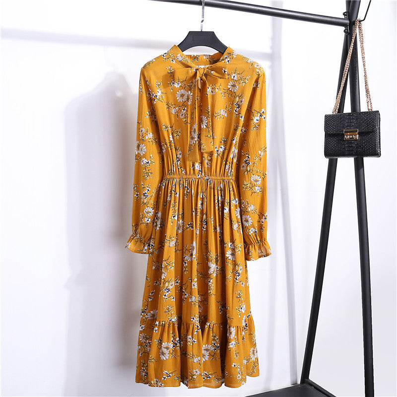 Long Sleeve Floral Print Chiffon Dress - Medium Lace Up Slim Fit Women's Dress