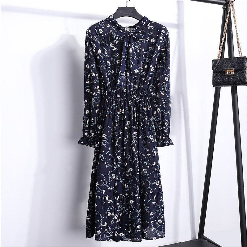Long Sleeve Floral Print Chiffon Dress - Medium Lace Up Slim Fit Women's Dress