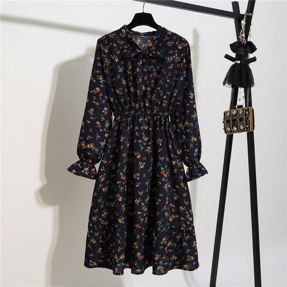 Long Sleeve Floral Print Chiffon Dress - Medium Lace Up Slim Fit Women's Dress