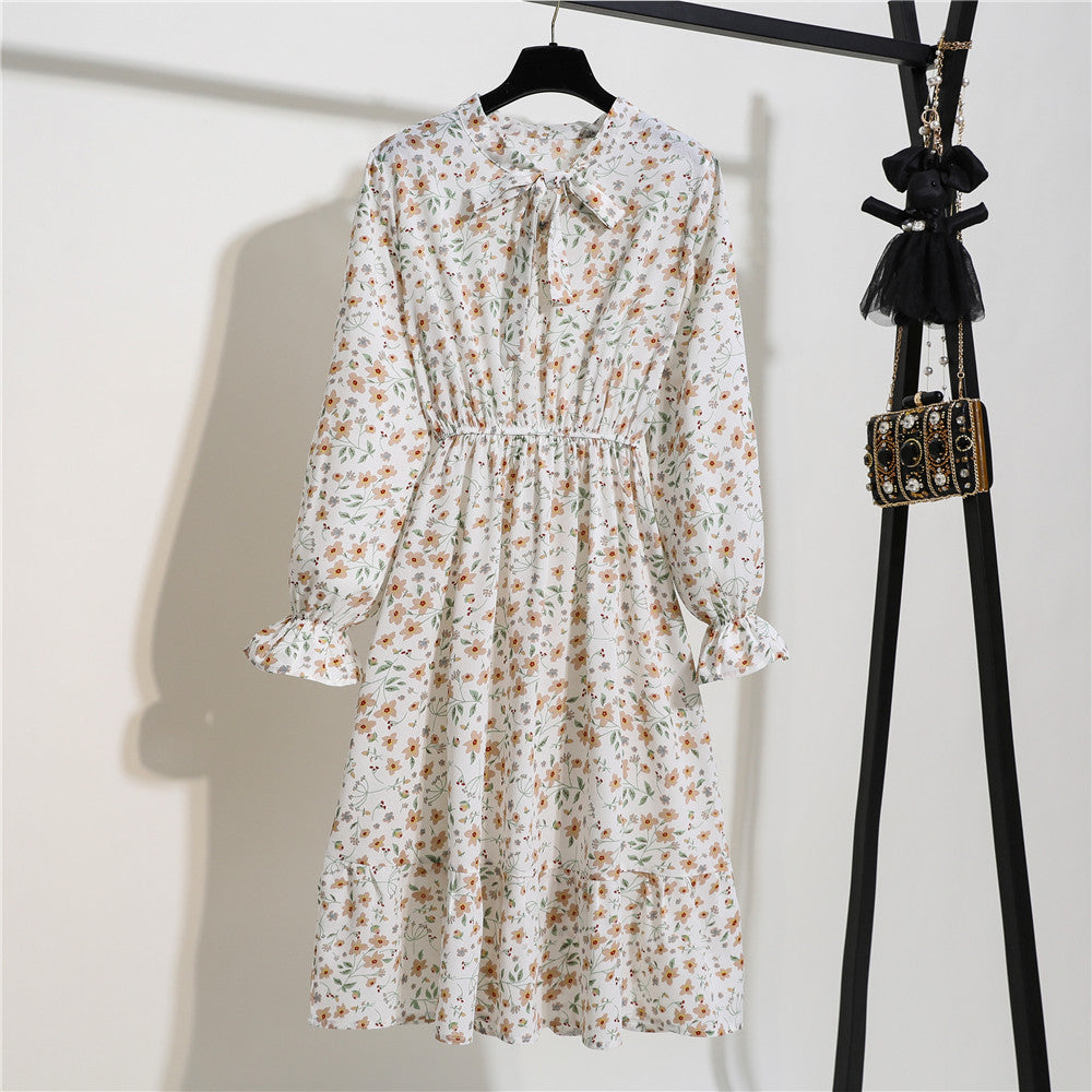 Long Sleeve Floral Print Chiffon Dress - Medium Lace Up Slim Fit Women's Dress