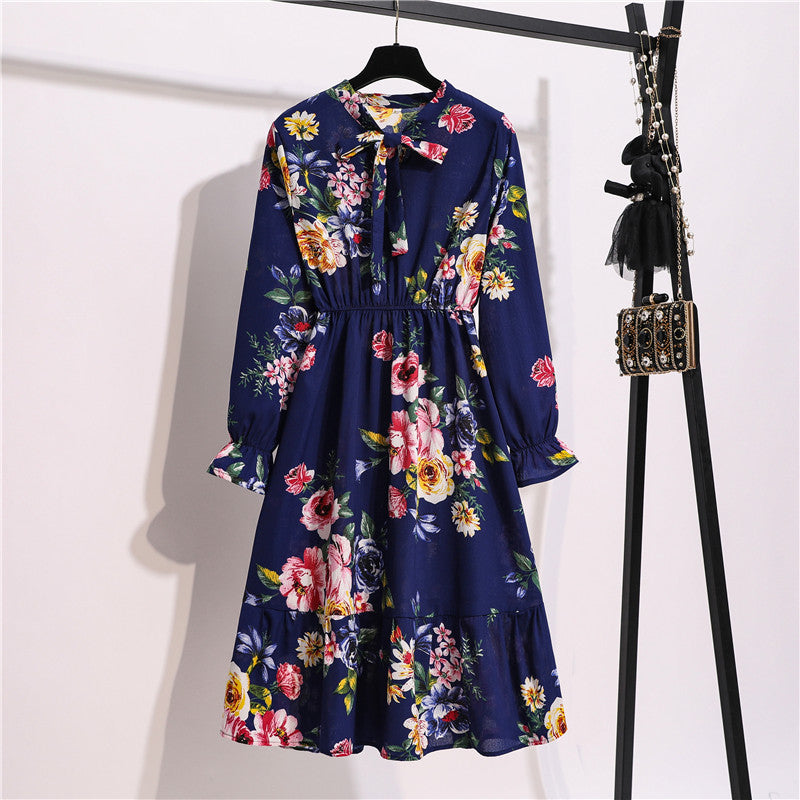 Long Sleeve Floral Print Chiffon Dress - Medium Lace Up Slim Fit Women's Dress