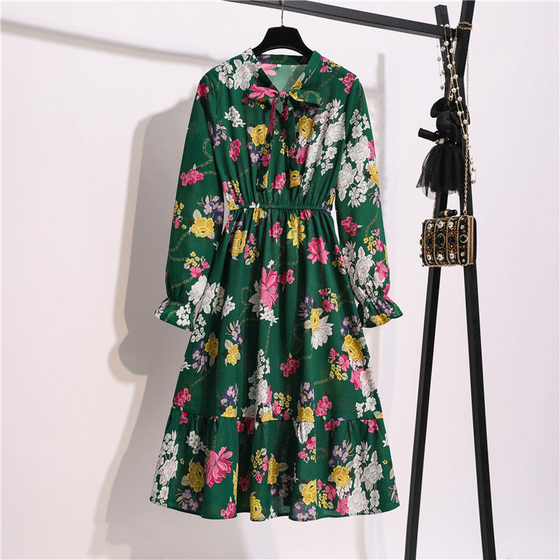 Long Sleeve Floral Print Chiffon Dress - Medium Lace Up Slim Fit Women's Dress