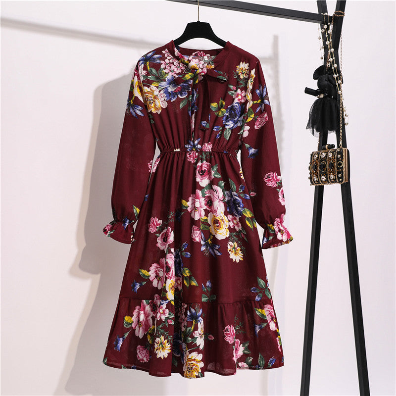 Long Sleeve Floral Print Chiffon Dress - Medium Lace Up Slim Fit Women's Dress