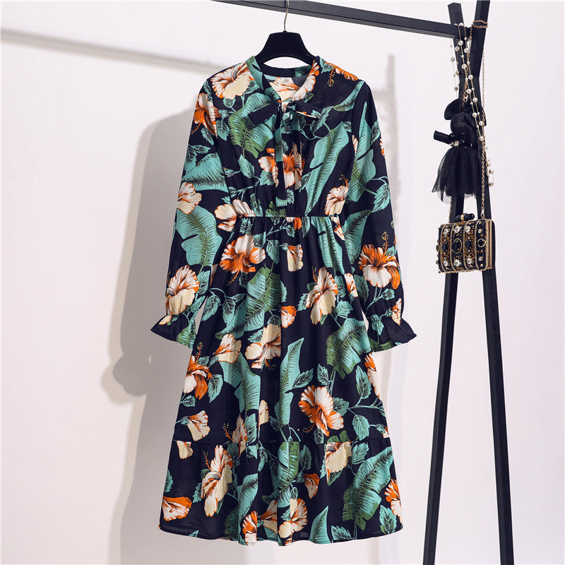 Long Sleeve Floral Print Chiffon Dress - Medium Lace Up Slim Fit Women's Dress