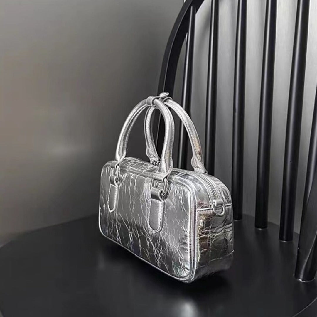 Retro crossbody bag, small square bag, small top handle purse metallic