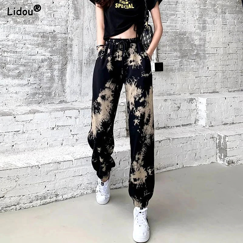 Women's Clothing Printing Loose Elastic Waist Lacing Comfortable Spring Summer Thin Straight Pockets Casual Harem Pants