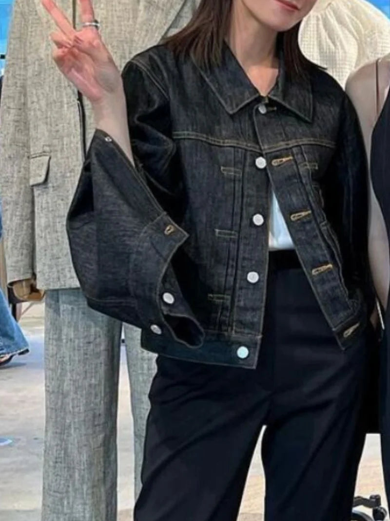 Spring New Vintage Casual Jeans Jacket Women Turn-down Collar Loose Sleeve Fashion Denim Coat Japanese All-match Outwears