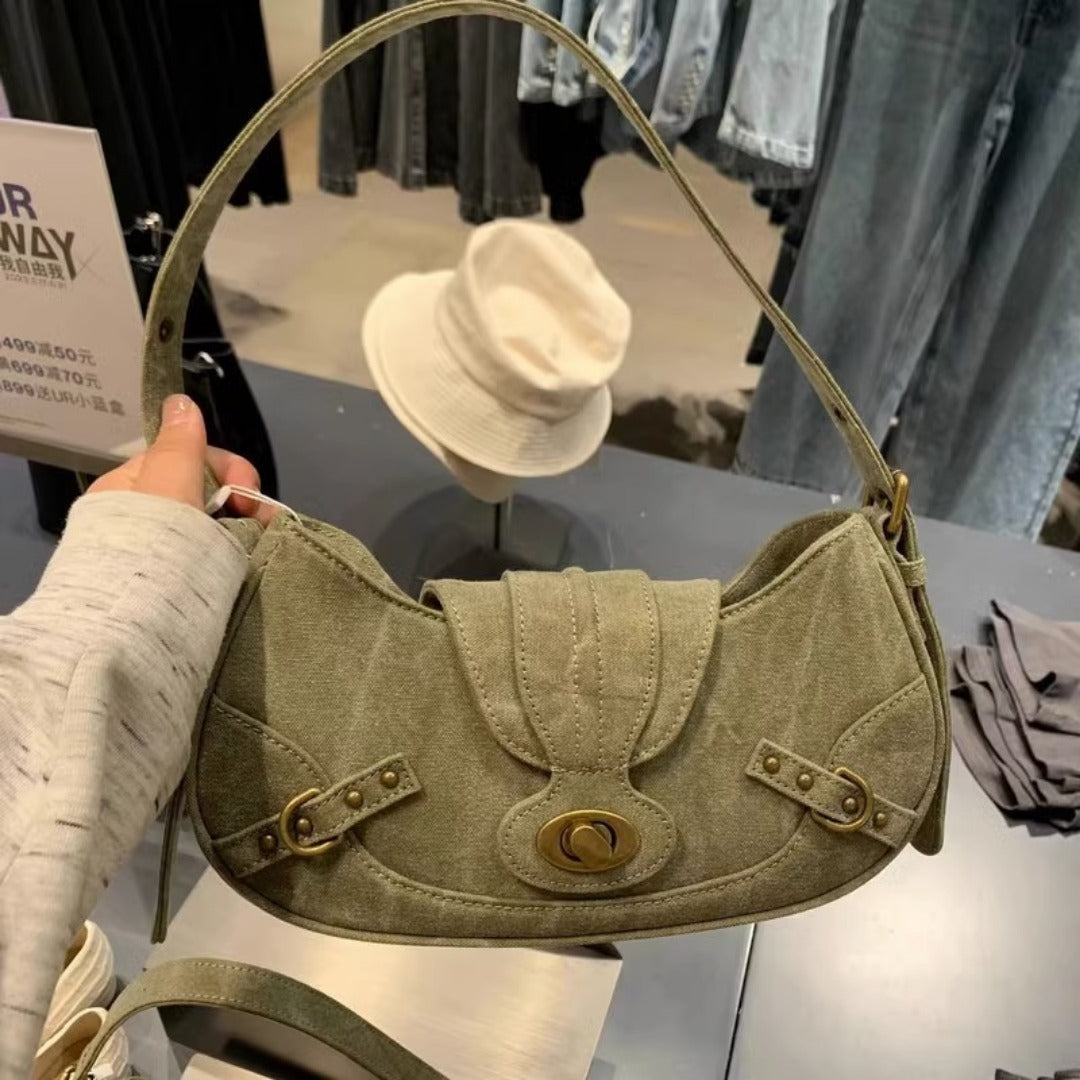 Vintage Army Green Splicing Armpit Bag – Stylish Small Shoulder Purse, Versatile Spring Spice Girl Bag & Handbag  hobo