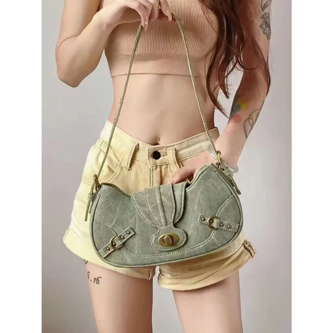 Vintage Army Green Splicing Armpit Bag – Stylish Small Shoulder Purse, Versatile Spring Spice Girl Bag & Handbag  hobo