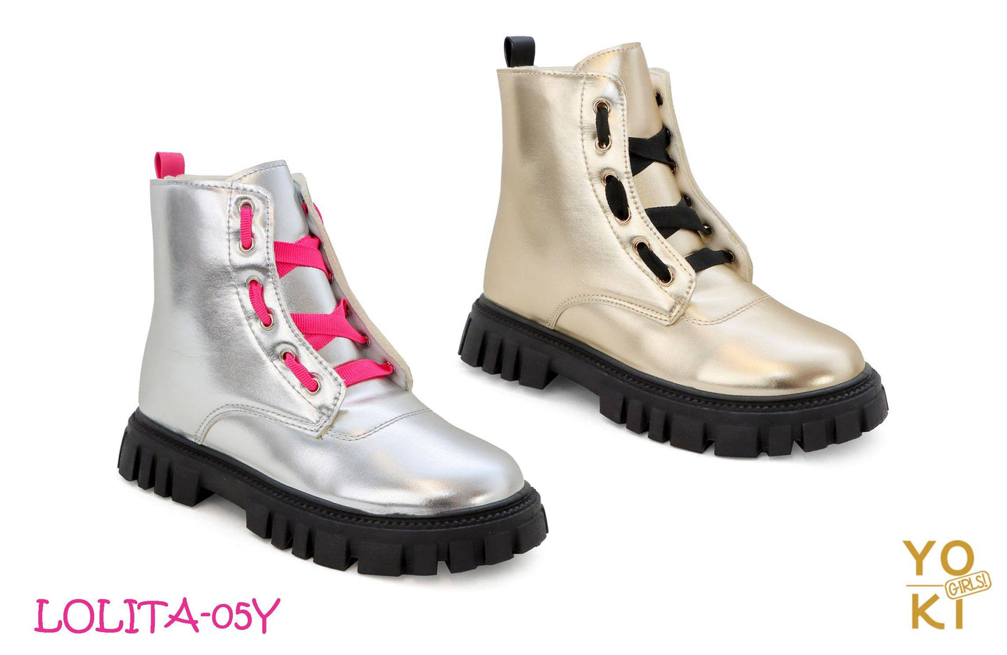 LOLITA-Girls Metallic Lace Up Combat Boot