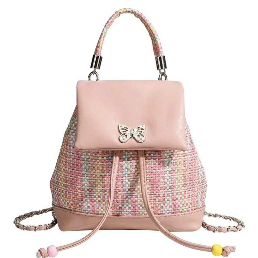 Sweet girl design woven leather small backpack purse, chain backpack, dopamine sweet cool versatile small backpack for women