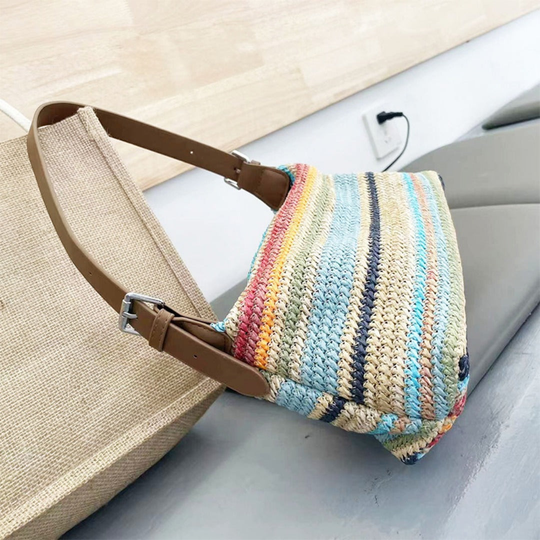 Summer Rainbow Straw Bag for Women – Casual Large Capacity Beach Vacation Shoulder Fashion Bag Hobo