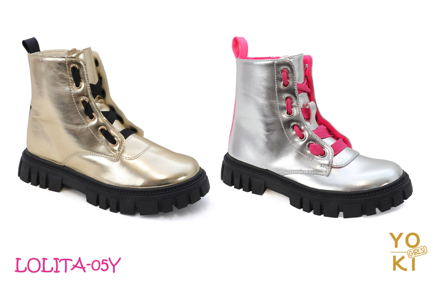 LOLITA- Girls Metallic Lace Up Combat Boot