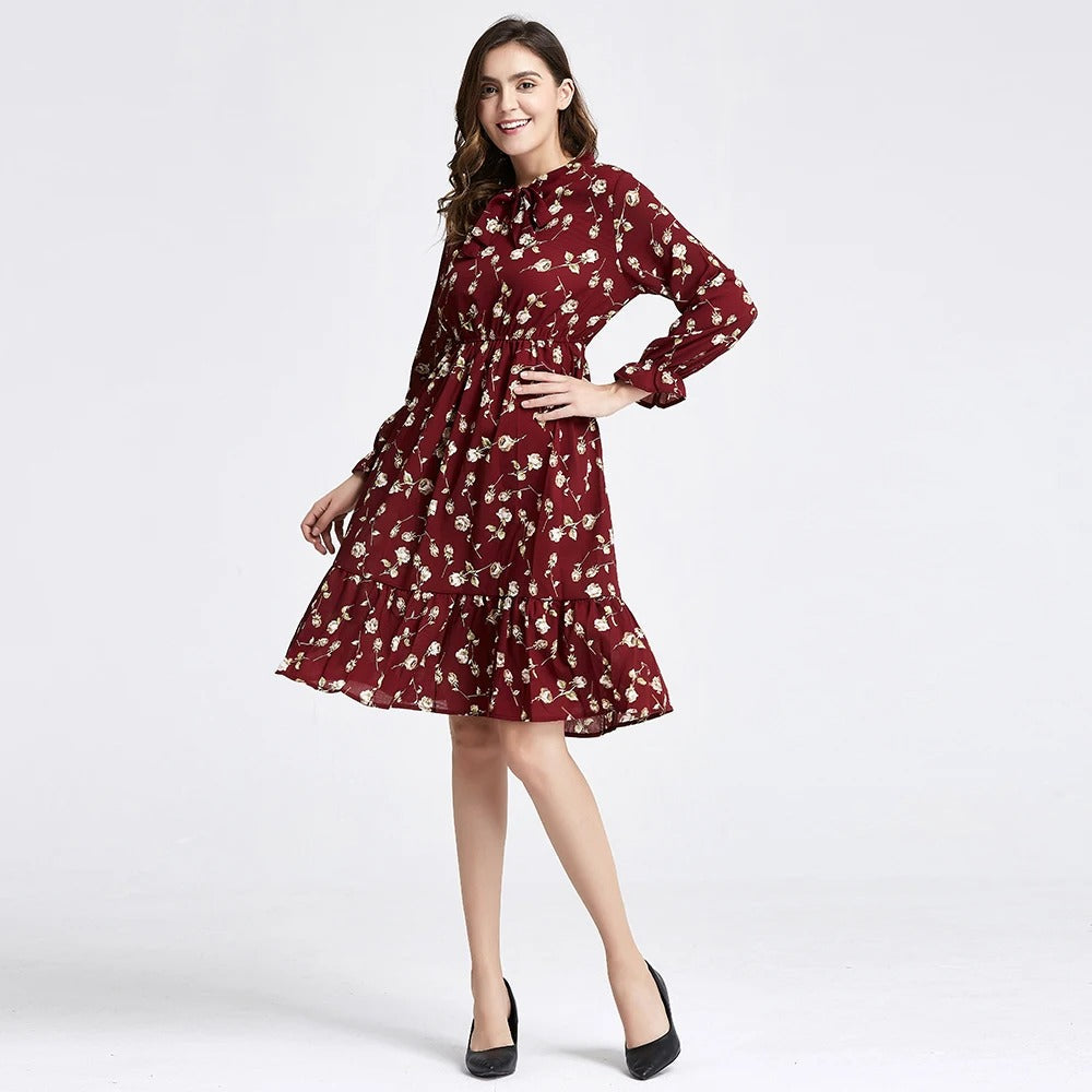 Long Sleeve Floral Print Chiffon Dress - Medium Lace Up Slim Fit Women's Dress