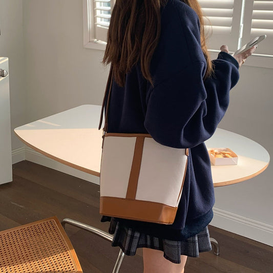 Retro Fashion Simple Texture Splicing Bucket Bag - Versatile Women's Shoulder & Crossbody Bag