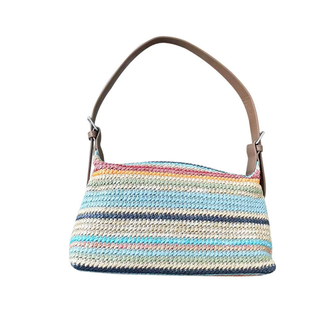 Summer Rainbow Straw Bag for Women – Casual Large Capacity Beach Vacation Shoulder Fashion Bag Hobo