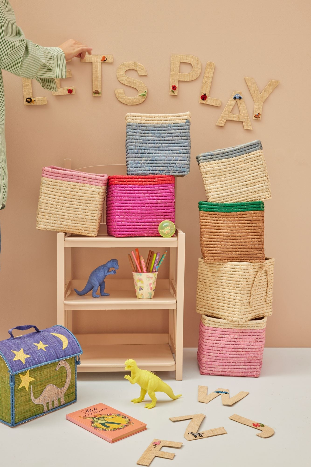 Small Square Raffia Storage Basket with a Pink Top