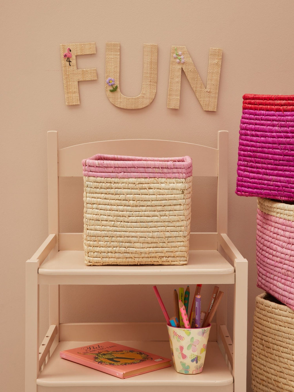 Small Square Raffia Storage Basket with a Pink Top