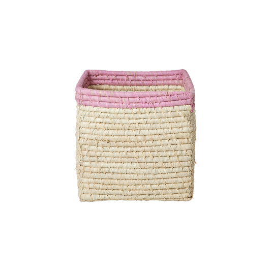 Small Square Raffia Storage Basket with a Pink Top
