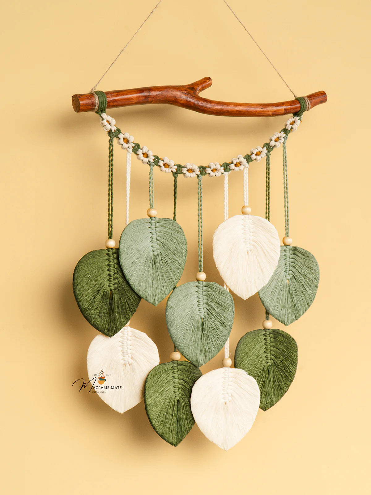 Green Macrame Leaves with Flower Tassel