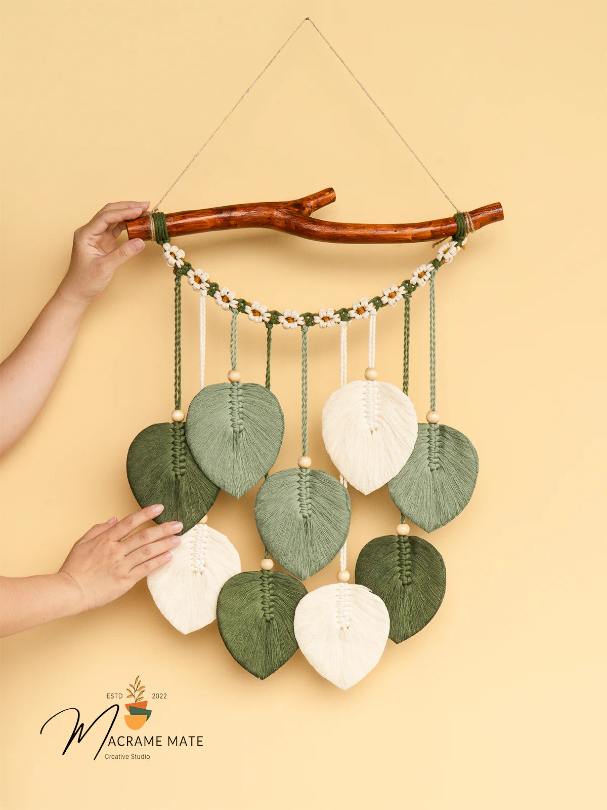 Green Macrame Leaves with Flower Tassel
