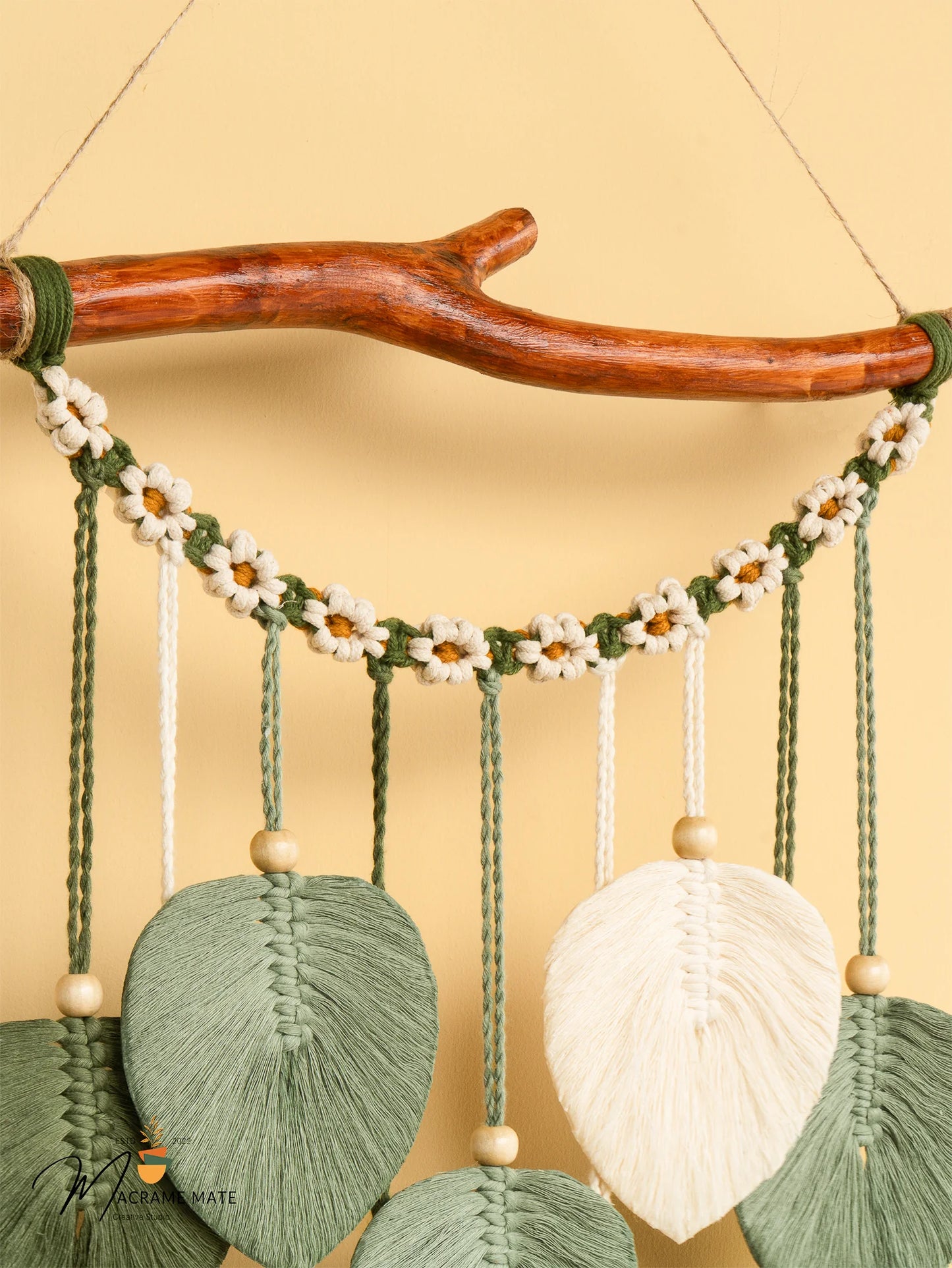 Green Macrame Leaves with Flower Tassel