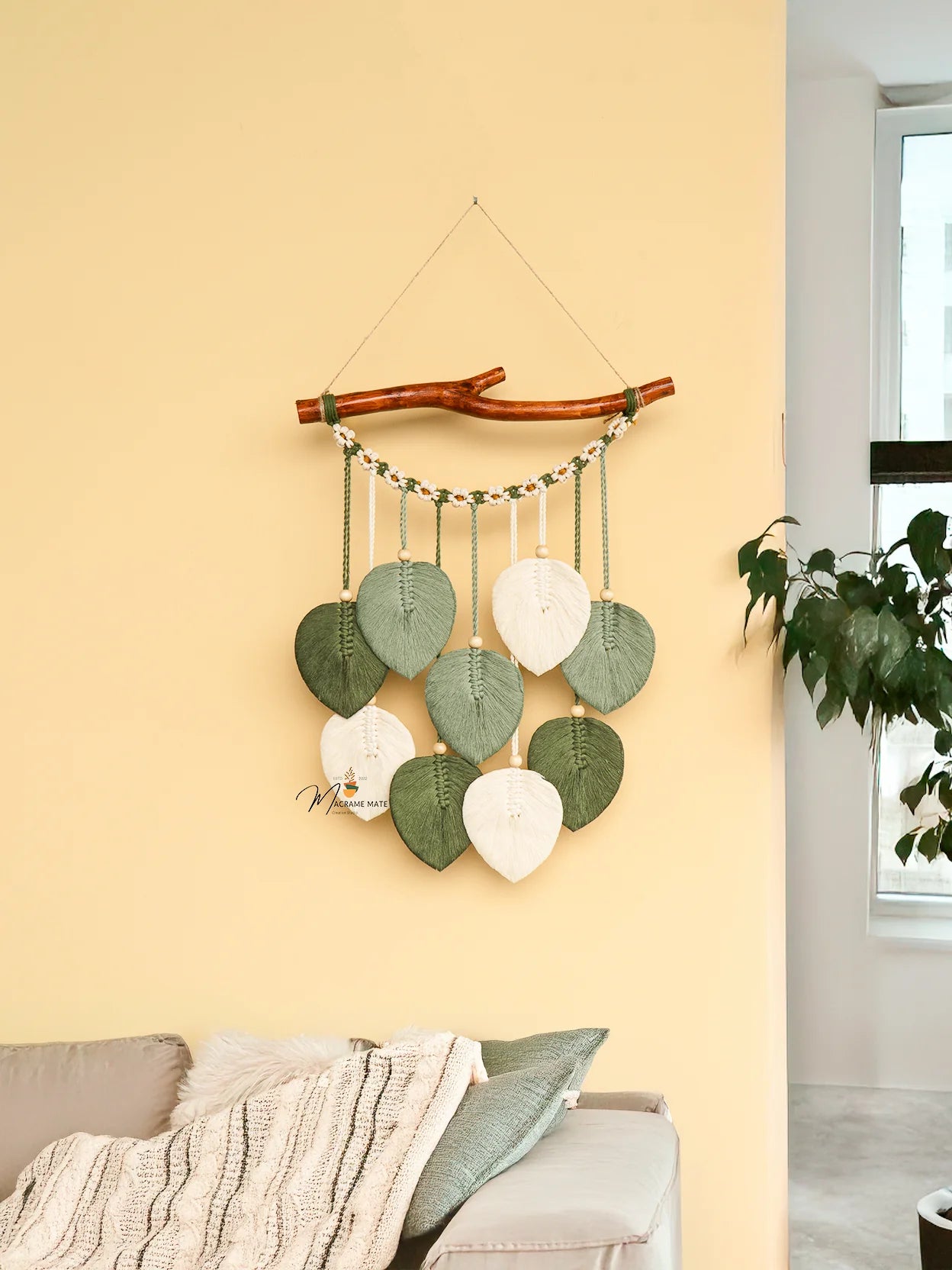 Green Macrame Leaves with Flower Tassel