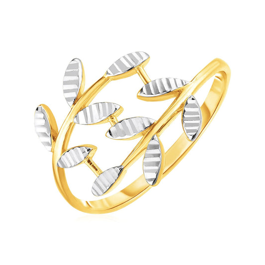 Two Tone Gold Crossover Ring with Textured Leaves 14k