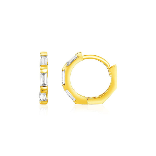 Yellow Gold Petite Octagonal Hoop Earrings with Cubic Zirconia 14k