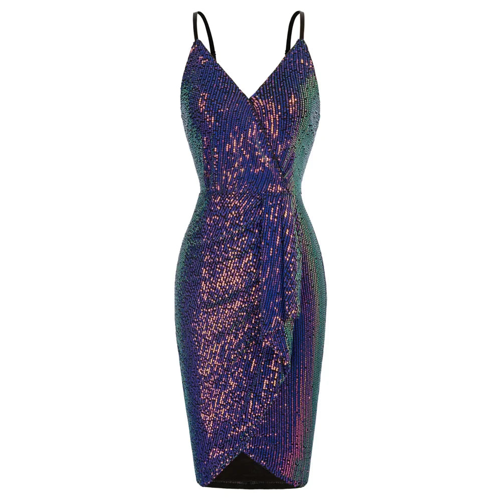 Women Sequined Party Dress Sleeveless Slim Fit Ruched Wrap Hem V-Neck Above Knee Spaghetti Straps Hips-wrapped Dress