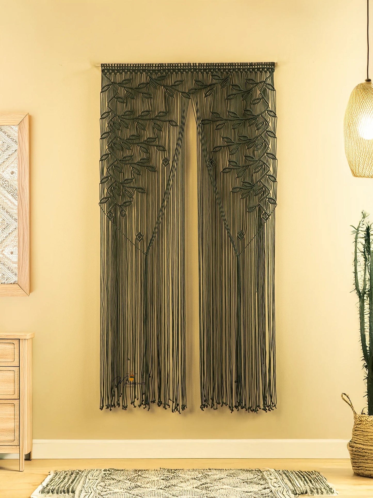 Dark Green Macrame Leaf Door Curtain