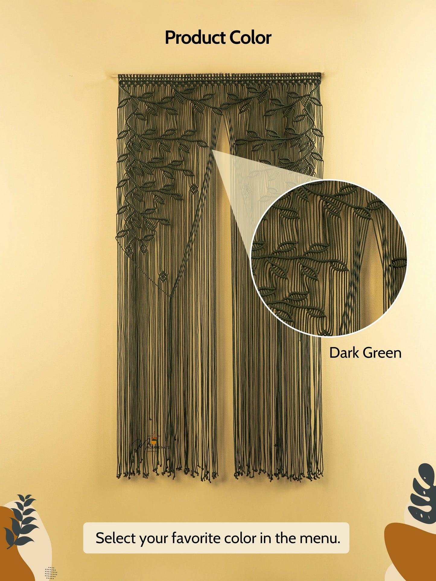 Dark Green Macrame Leaf Door Curtain
