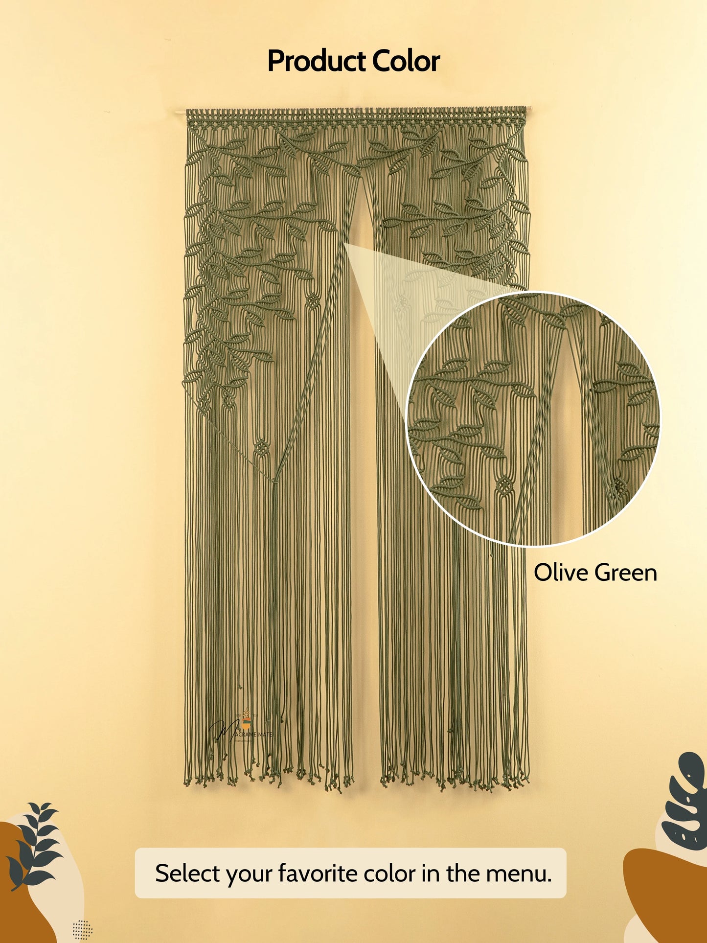 Olive Green Macrame Leaf Door Curtain