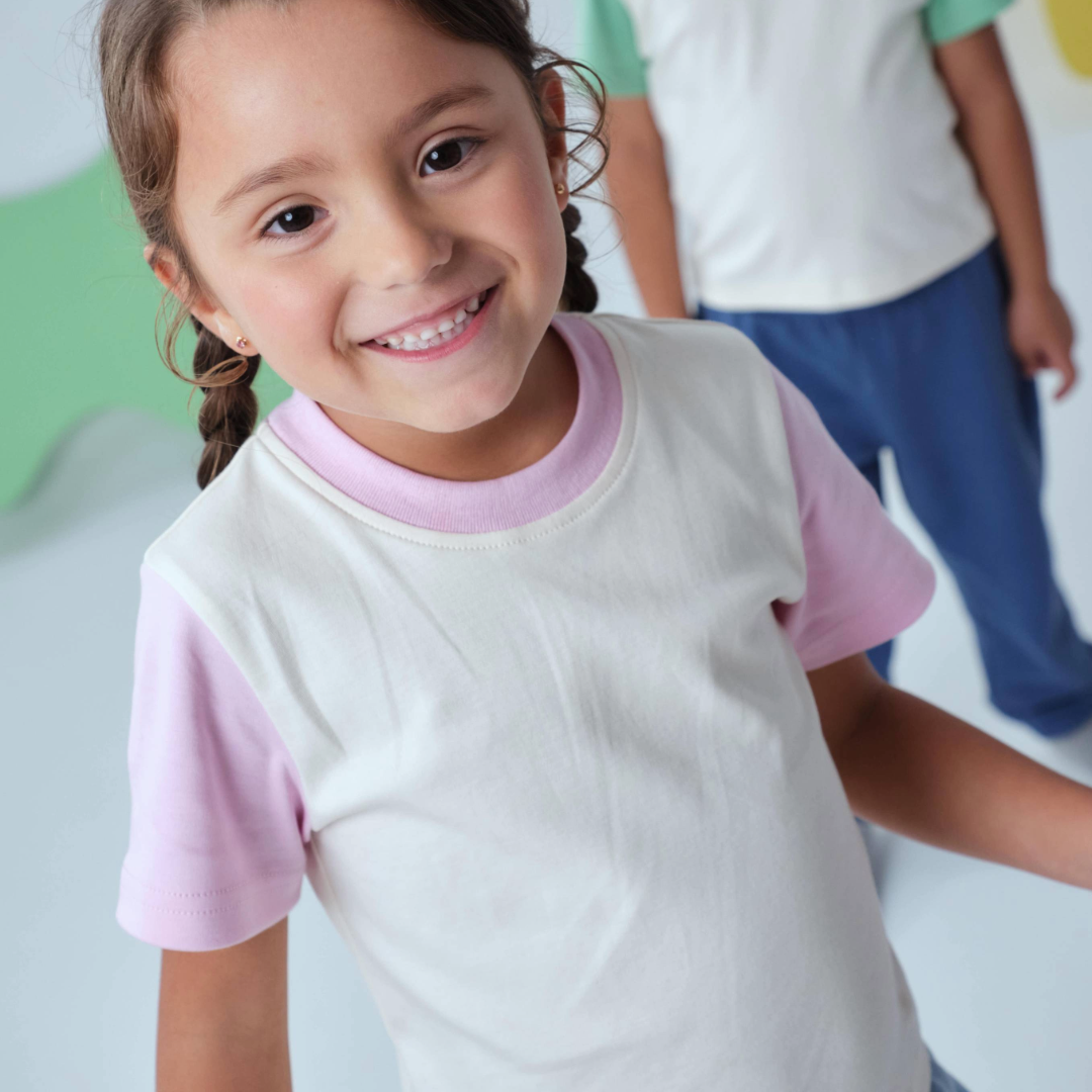 Kids Colorblock Tee White with Pink