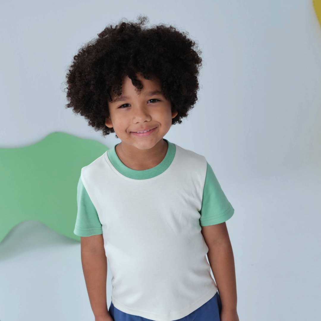 Kids Colorblock Tee in White with Grass Green