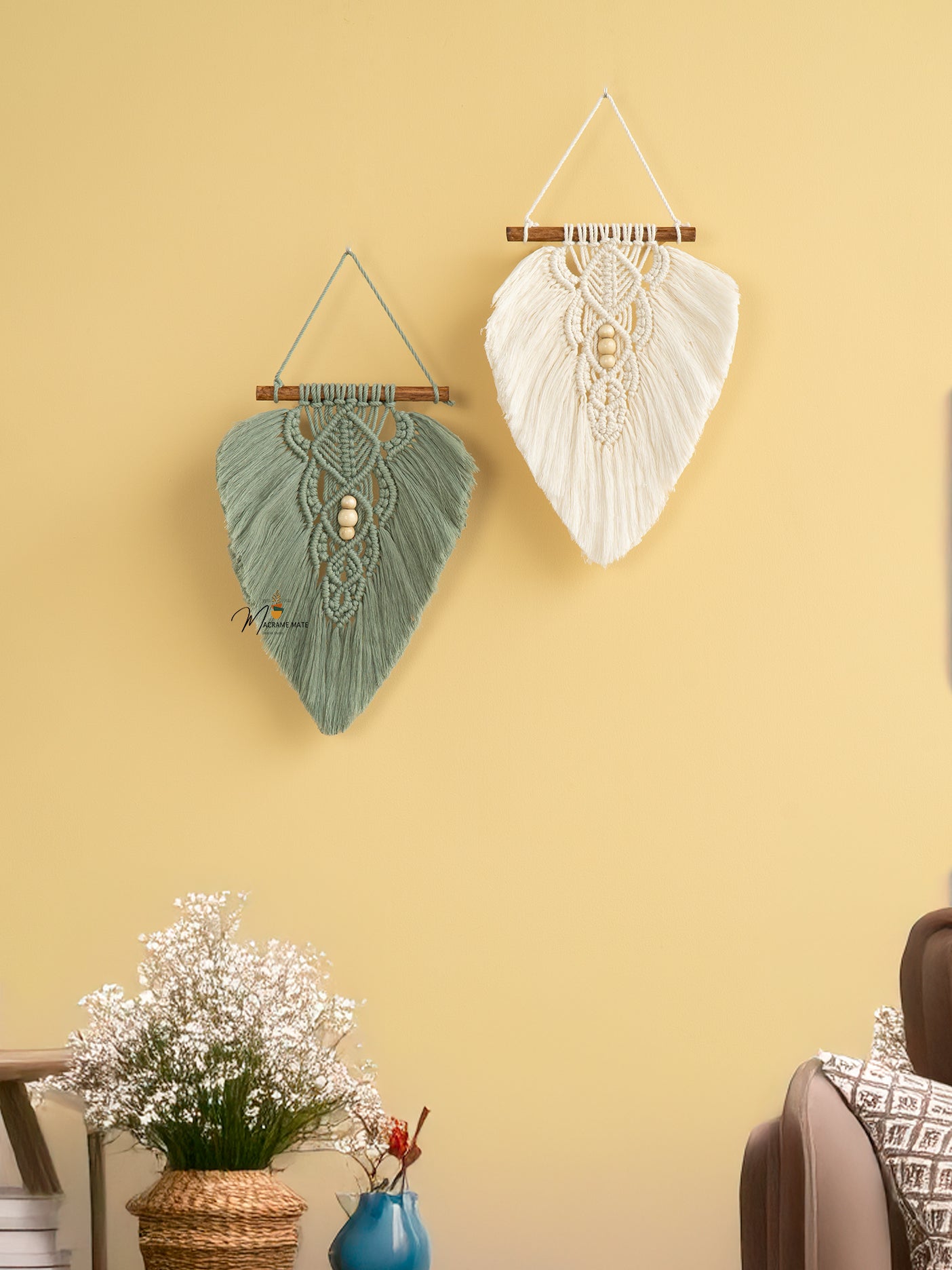 Rustic Green Natural Macrame Leaves