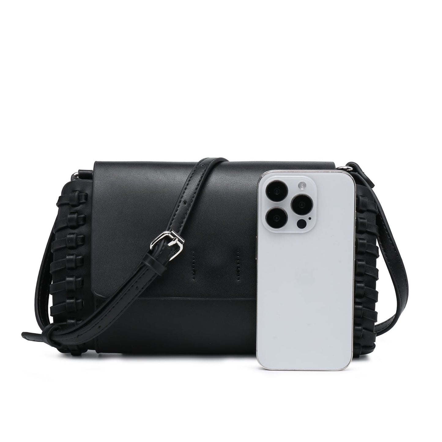 Compact Black Square Purse With Handcrafted Weave detail