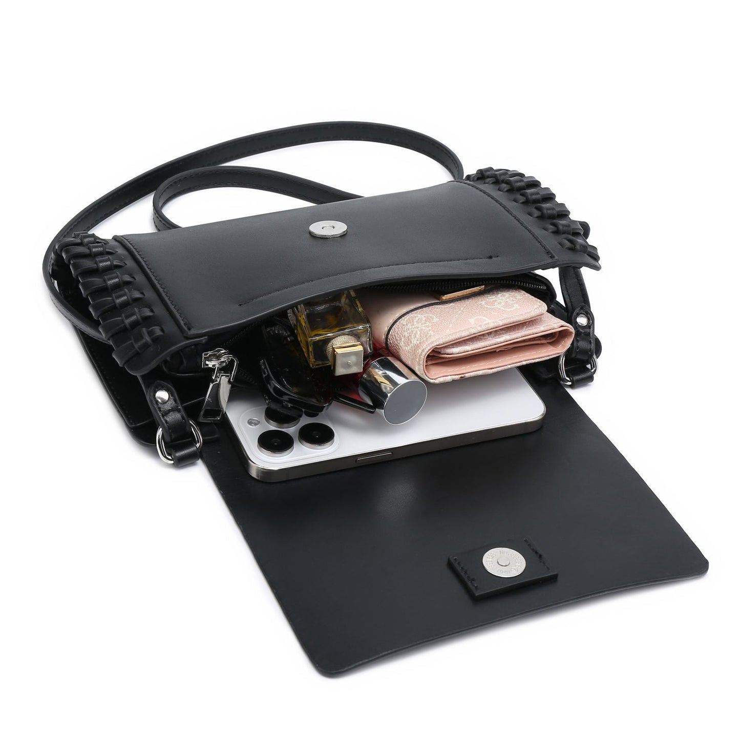 Compact Black Square Purse With Handcrafted Weave detail