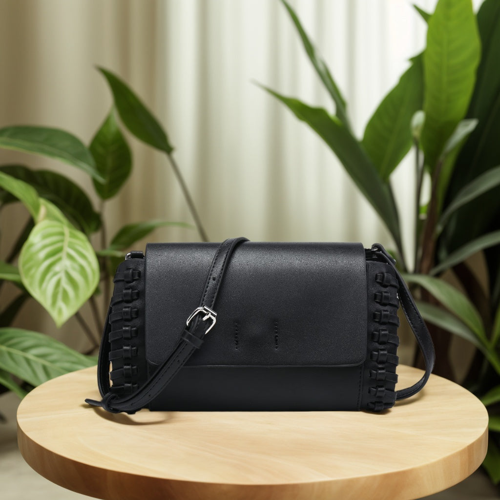 Compact Black Square Purse With Handcrafted Weave detail