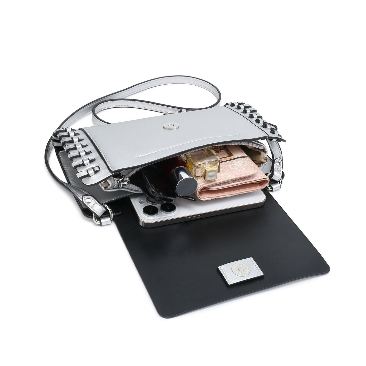 Compact Black Square Purse With Handcrafted Weave detail