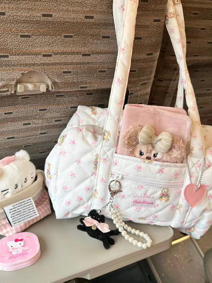 Large capacity tote bag for girls, short trip girl commuter bag, quilted puffy purse floral fabric, student class shoulder tote bag,
